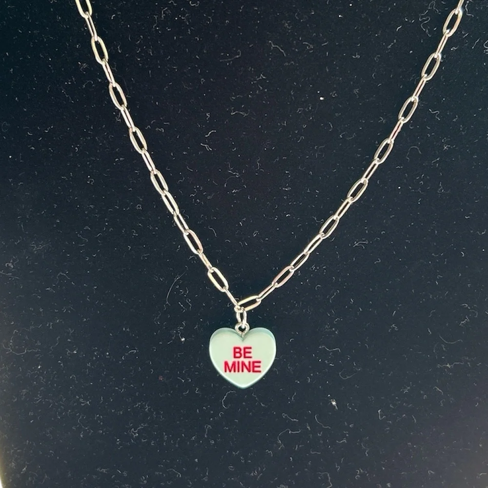 Conversation Hearts Be Mine Blue Heart Charm Silver Dainty Necklace Chain